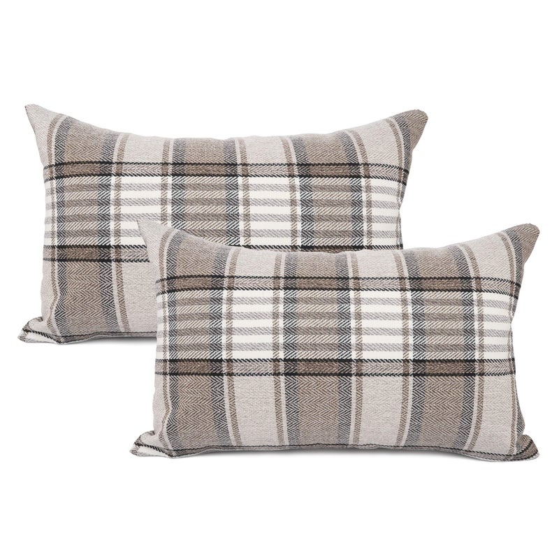 YOUR SMILE Set of 2 Retro Farmhouse Outdoor/Indoor Buffalo Tartan Chequer Stripe Plaid Cotton Linen Decorative Throw Pillow Case Cushion Cover Pillowcase for Sofa Chair,Brown, 12x20inch - Image 1